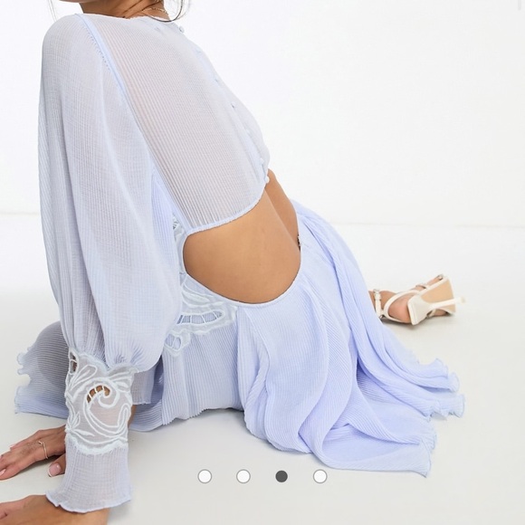 ASOS Embroidered Floral Pleated Cut Out Mini Dress in Light Blue Size 12 NWT - Picture 3 of 9
